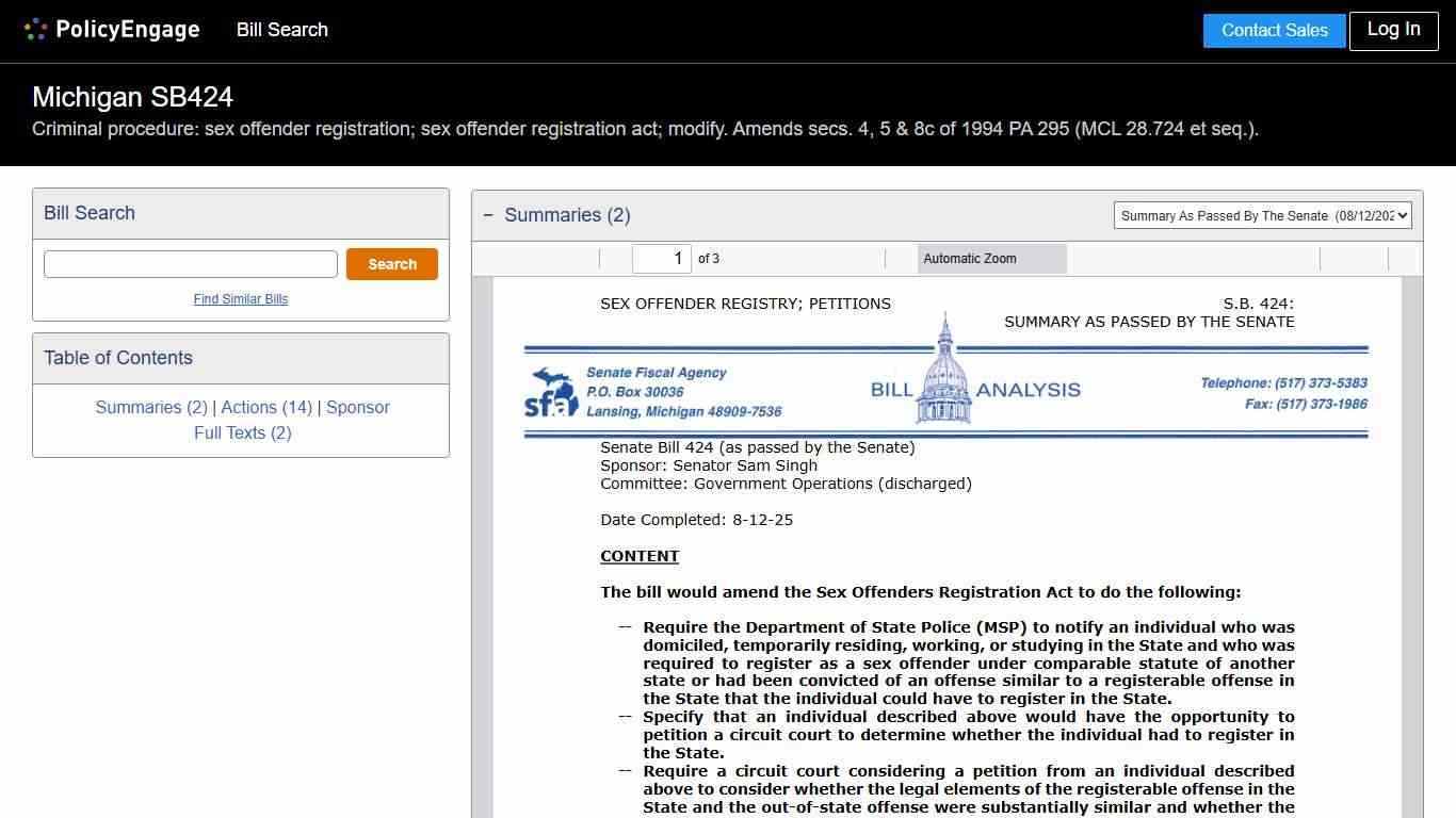 SB424 | Michigan 2025-2026 | Criminal procedure: sex offender registration; sex offender registration act; modify. Amends secs. 4, 5 & 8c of 1994 PA 295 (MCL 28.724 et seq.). - Legislative Tracking | PolicyEngage