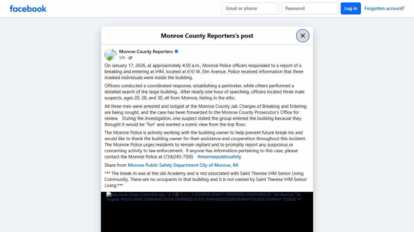 On January 17, 2026, at... - Monroe County Reporters | Facebook